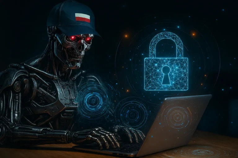 Graficzna reprezentacja cyberbezpieczeństwa lub zagrożenia hakerstwem: mechaniczny szkielet humanoidalny (przypominający Terminatora) z czerwonymi oczami, siedzi przy laptopie. Obok niego unosi się jasnoniebieska, futurystyczna ikona zamkniętej kłódki, symbolizująca ochronę danych.