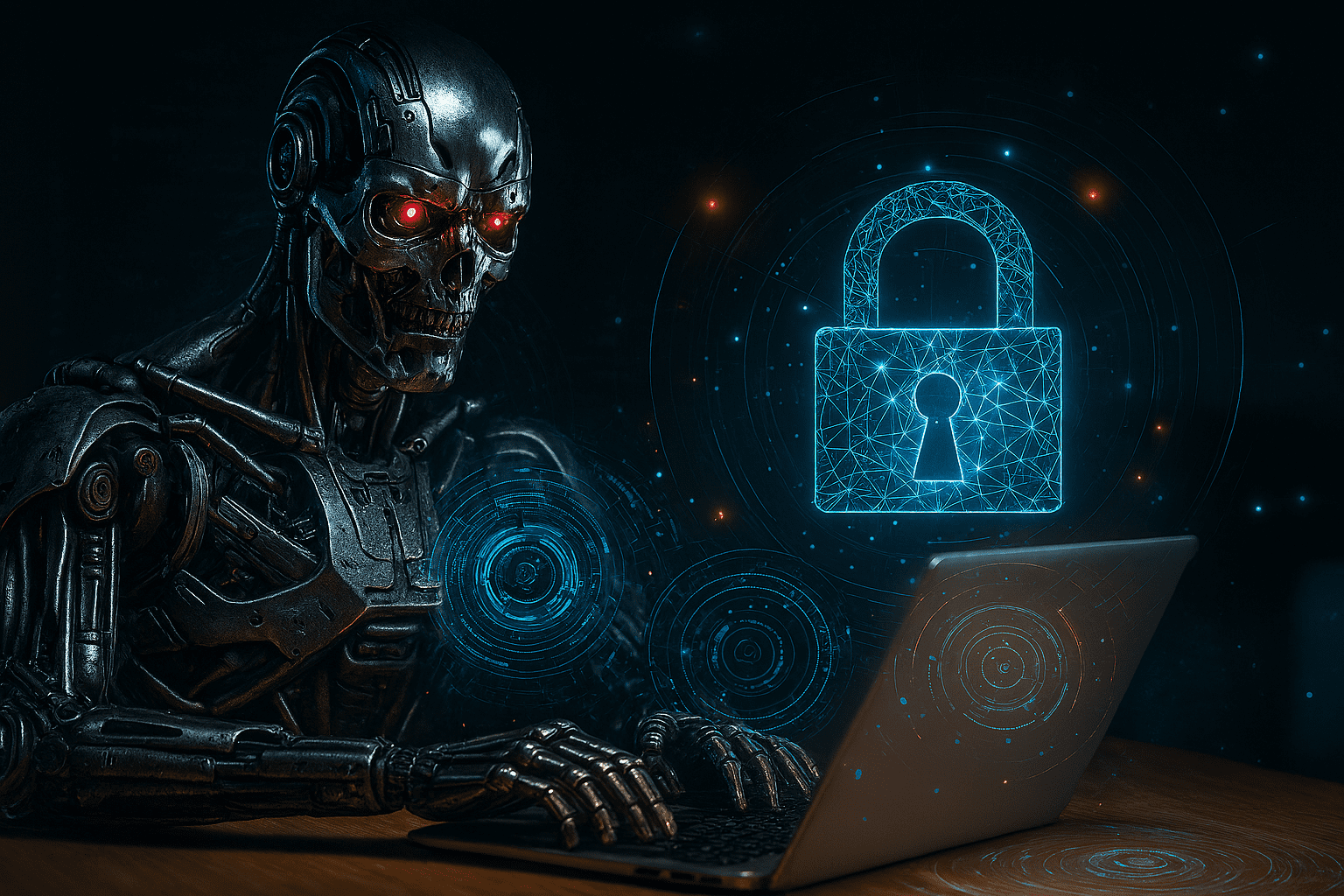 Graficzna reprezentacja cyberbezpieczeństwa lub zagrożenia hakerstwem: mechaniczny szkielet humanoidalny (przypominający Terminatora) z czerwonymi oczami, siedzi przy laptopie. Obok niego unosi się jasnoniebieska, futurystyczna ikona zamkniętej kłódki, symbolizująca ochronę danych.