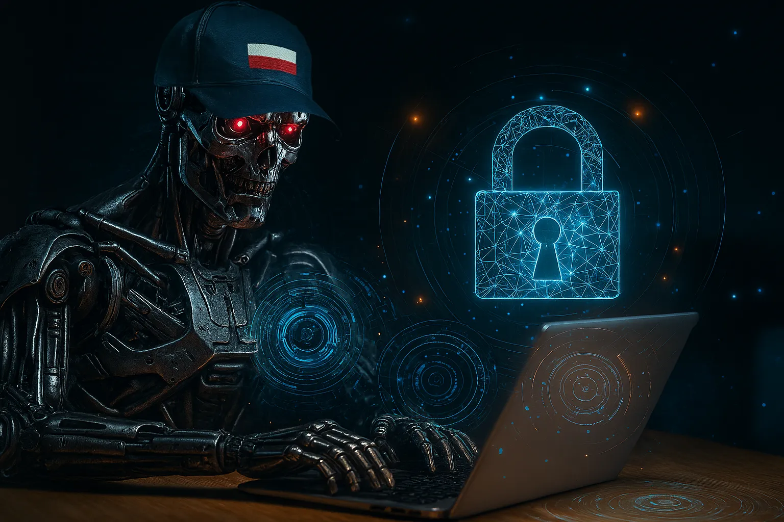 Graficzna reprezentacja cyberbezpieczeństwa lub zagrożenia hakerstwem: mechaniczny szkielet humanoidalny (przypominający Terminatora) z czerwonymi oczami, siedzi przy laptopie. Obok niego unosi się jasnoniebieska, futurystyczna ikona zamkniętej kłódki, symbolizująca ochronę danych.