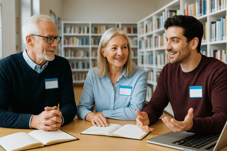Trzy osoby w różnym wieku siedzą przy stole w bibliotece i dyskutują: starszy mężczyzna i kobieta uśmiechają się i patrzą na młodszego mężczyznę, który gestykuluje dłonią. Na stole leżą otwarte zeszyty i laptop.