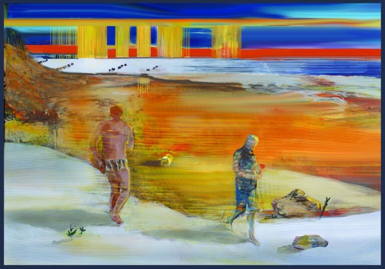 Obraz Joanny Koreckiej. Abstrakcyjno-figuralna scena plażowa, z dwoma niewyraźnymi, męskimi postaciami na tle intensywnie pomarańczowo-niebieskiego, horyzontalnego krajobrazu. Dominują ciepłe barwy ziemi i pomarańcze.