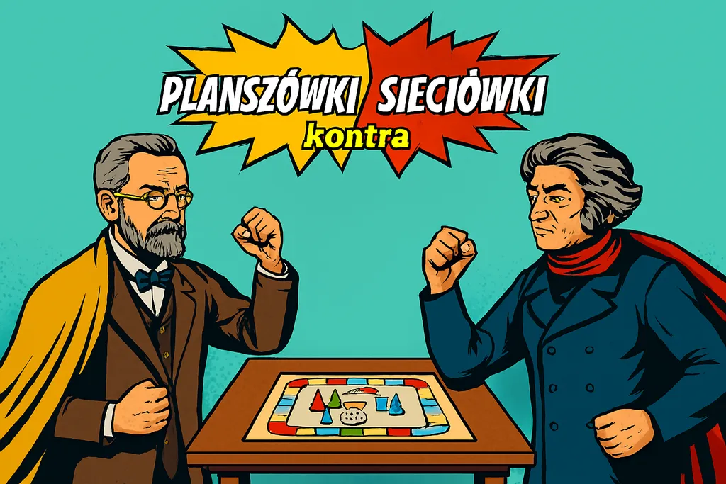 bpo-planszowki_kontra_sieciowki Ilustracja komiksowa przedstawia Bolesława Prusa i Adama Mickiewicza stojących po przeciwnych stronach stołu z grą planszową. Nad nimi widnieje napis "Planszówki kontra Sieciówki" w kolorowych chmurkach.