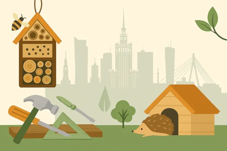 Ilustracja przedstawia budkę dla zapylaczy i domek dla jeża na tle panoramy Warszawy z charakterystycznymi budynkami. Na pierwszym planie widoczne są narzędzia stolarskie (młotek, śrubokręt, kątownik, deski), sugerujące wspólne konstruowanie domków. Obraz utrzymany jest w przyjaznym, edukacyjnym stylu, promującym ochronę przyrody i współpracę międzypokoleniową.
