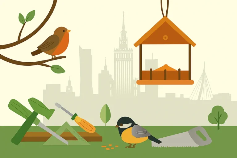 Karmnik dla ptaków z narzędziami stolarskimi na tle panoramy Warszawy; rudzik i sikorka.