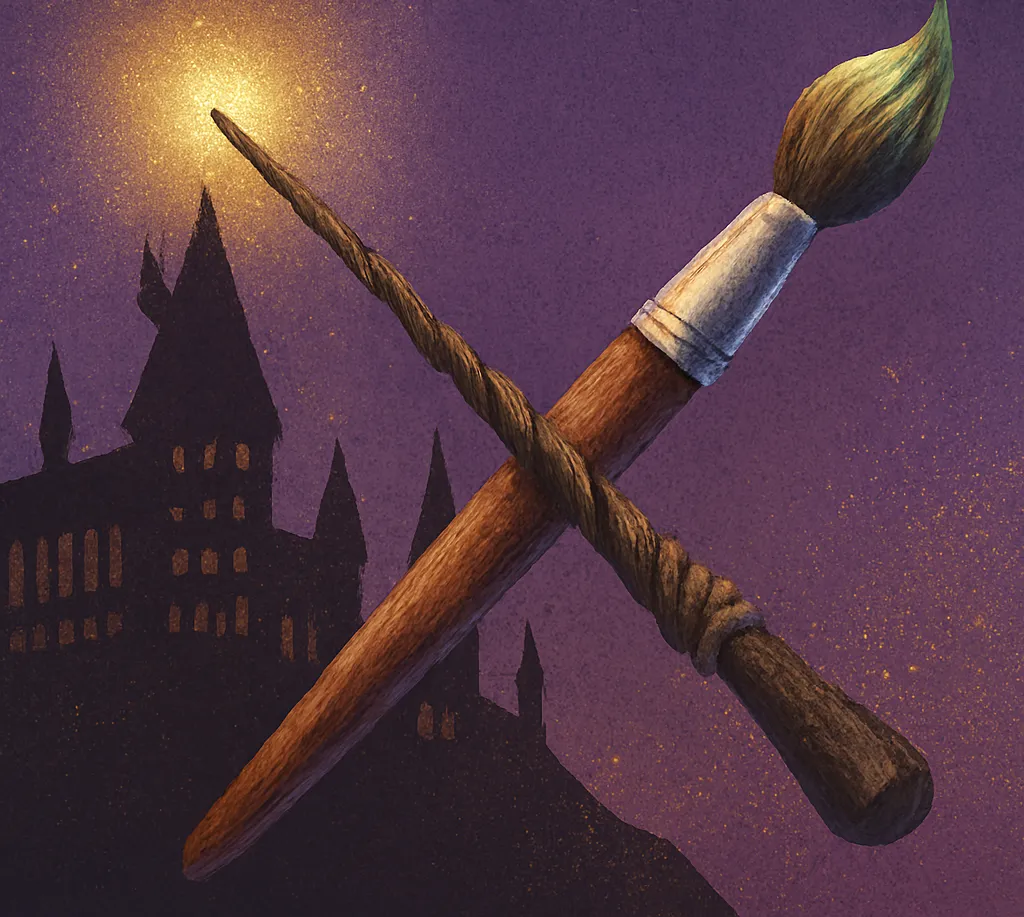 bpo_rozdzka_i_pedzlem Ilustracja przedstawia skrzyżowaną różdżkę i pędzel na tle zamku przypominającego Hogwart. Różdżka emituje złote światło, a pędzel ma zielone włosie. Tło utrzymane jest w odcieniach fioletu z drobinami światła, tworząc magiczną atmosferę.